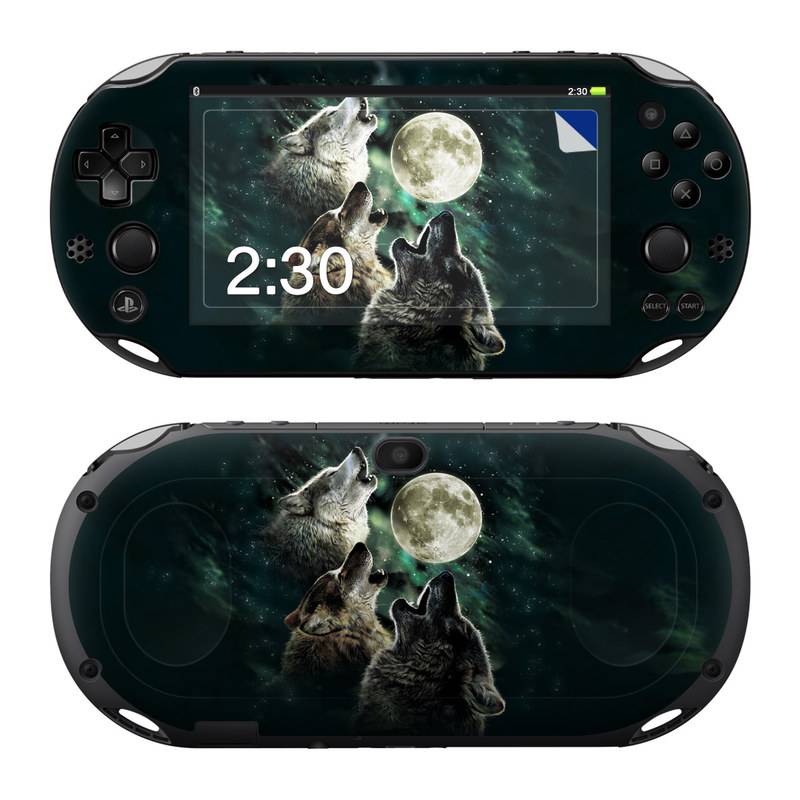 PlayStation Vita 2000 Skin design of Wolf, Light, Astronomical object, Moon, Wildlife, Organism, Moonlight, Sky, Atmosphere, Celestial event, with black, gray, green colors