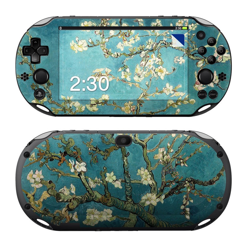 PlayStation Vita 2000 Skin design of Tree, Branch, Plant, Flower, Blossom, Spring, Woody plant, Perennial plant, with blue, black, gray, green colors