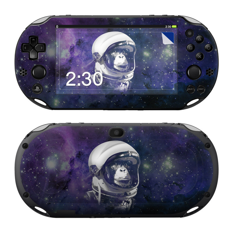 PlayStation Vita 2000 Skin design of Helmet, Astronaut, Personal protective equipment, Illustration, Space, Outer space, Headgear, Fictional character, Sports gear, Football gear, with black, gray, blue, white colors
