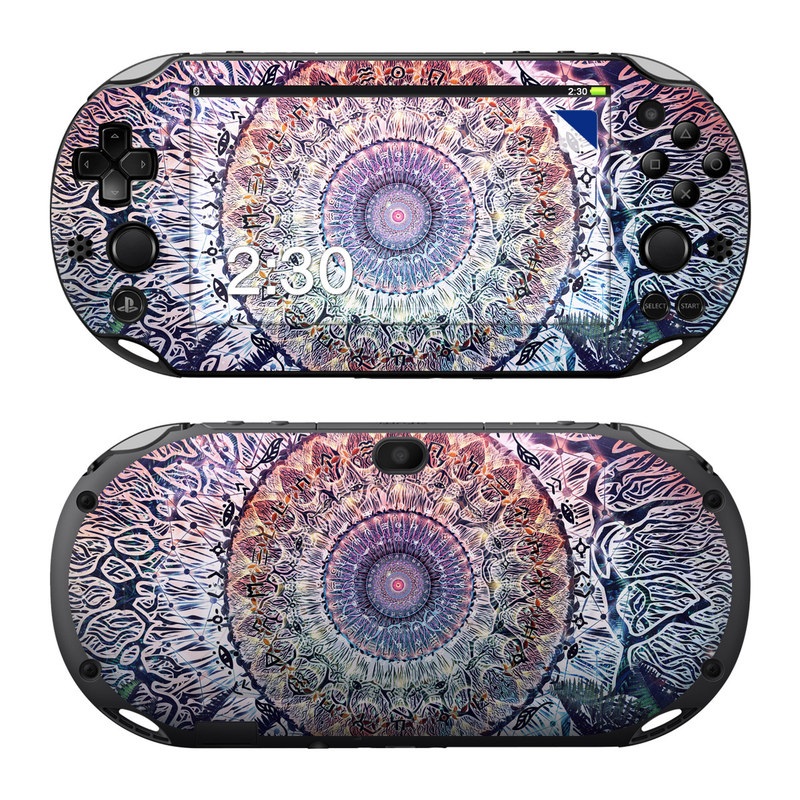 PlayStation Vita 2000 Skin design of Tapestry, Pattern, Art, Close-up, Circle, Fractal art, Textile, Eye, Design, Kaleidoscope, with blue, red, yellow, purple, green colors
