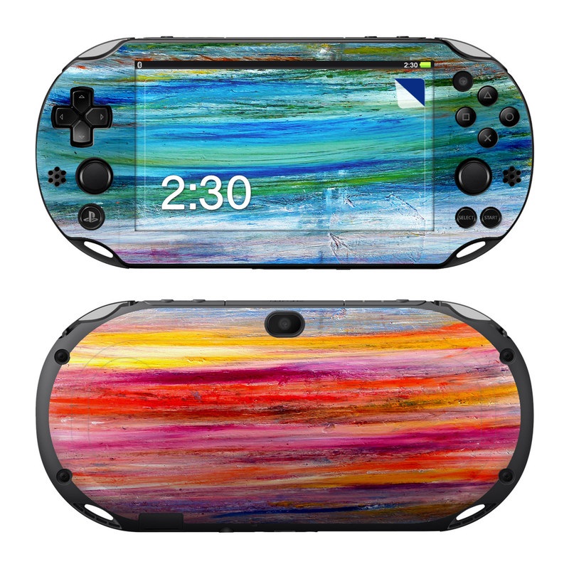 PlayStation Vita 2000 Skin design of Sky, Painting, Acrylic paint, Modern art, Watercolor paint, Art, Horizon, Paint, Visual arts, Wave, with gray, blue, red, black, pink colors