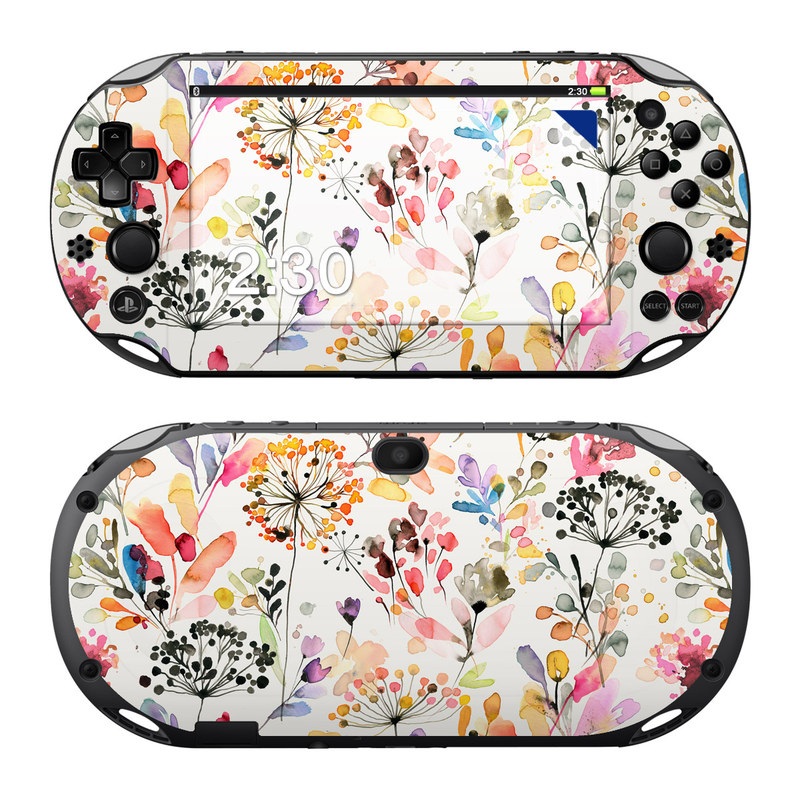 PlayStation Vita 2000 Skin design of Flower, Petal, Rectangle, Branch, Creative arts, Plant, Line, Art, Painting, Font, with white, pink, red, yellow, orange, green, blue, purple colors