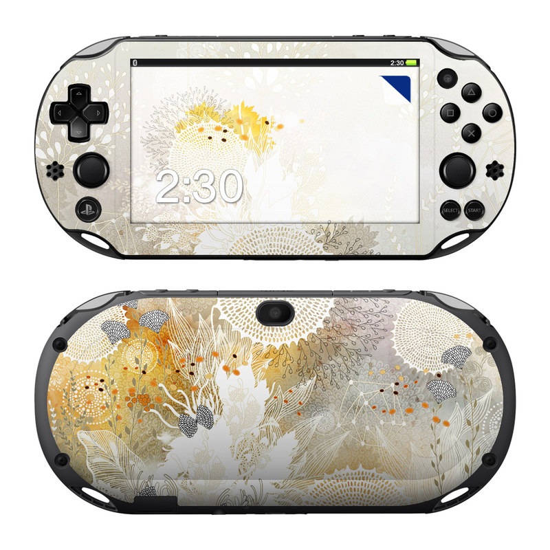 PlayStation Vita 2000 Skin design of Pattern, Floral design, Flower, Plant, Illustration, camomile, Wildflower, Art, with gray, yellow, pink, white, green colors