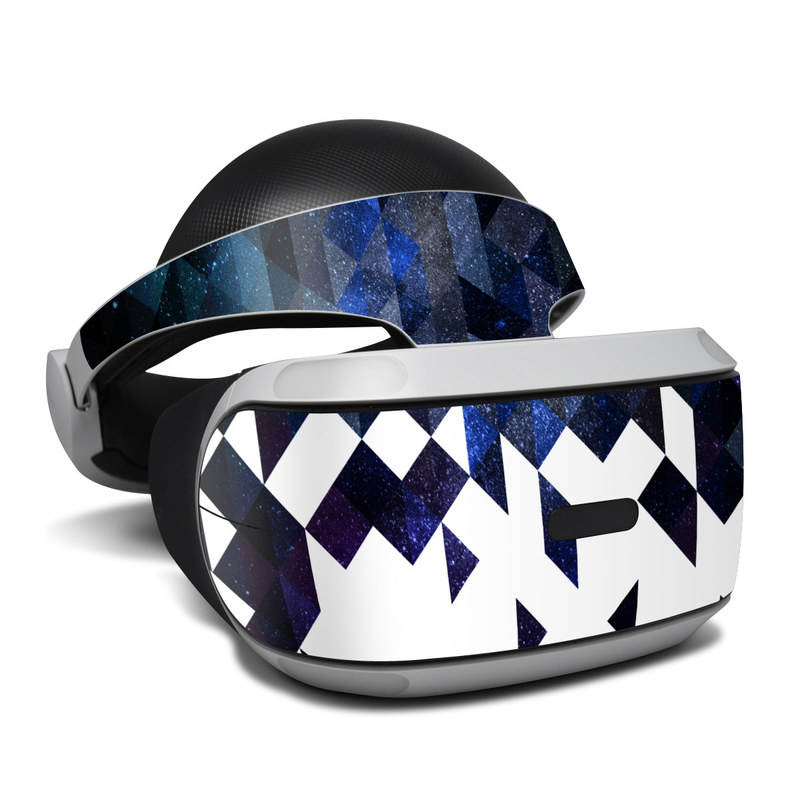 PlayStation VR Skin design of Text, Pattern, Graphic design, Font, Purple, Design, Line, Triangle, Logo, Graphics, with black, blue, white colors
