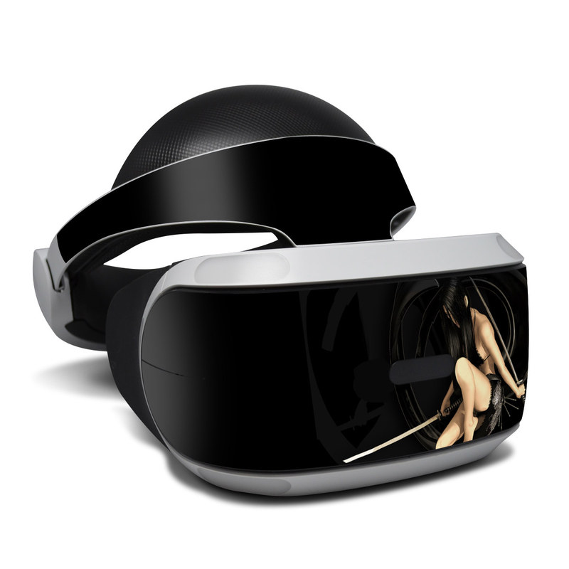 PlayStation VR Skin design of Black, Photography, Leg, Black hair, Cg artwork, Darkness, Fetish model, Sitting, Flash photography, with black, yellow, gray, white colors