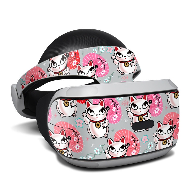 PlayStation VR Skin design of Pink, Red, Cartoon, Design, Line, Textile, Pattern, Illustration, Smile, Fictional character, with white, red, pink, gray, blue, black colors