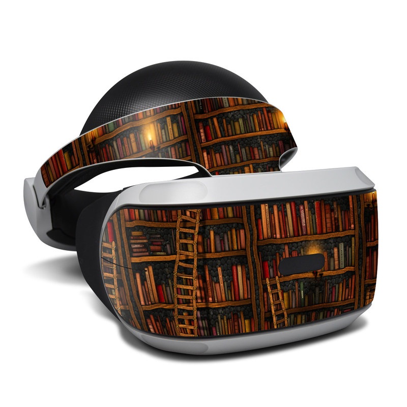 PlayStation VR Skin design of Shelving, Library, Bookcase, Shelf, Furniture, Book, Building, Publication, Room, Darkness, with black, red colors