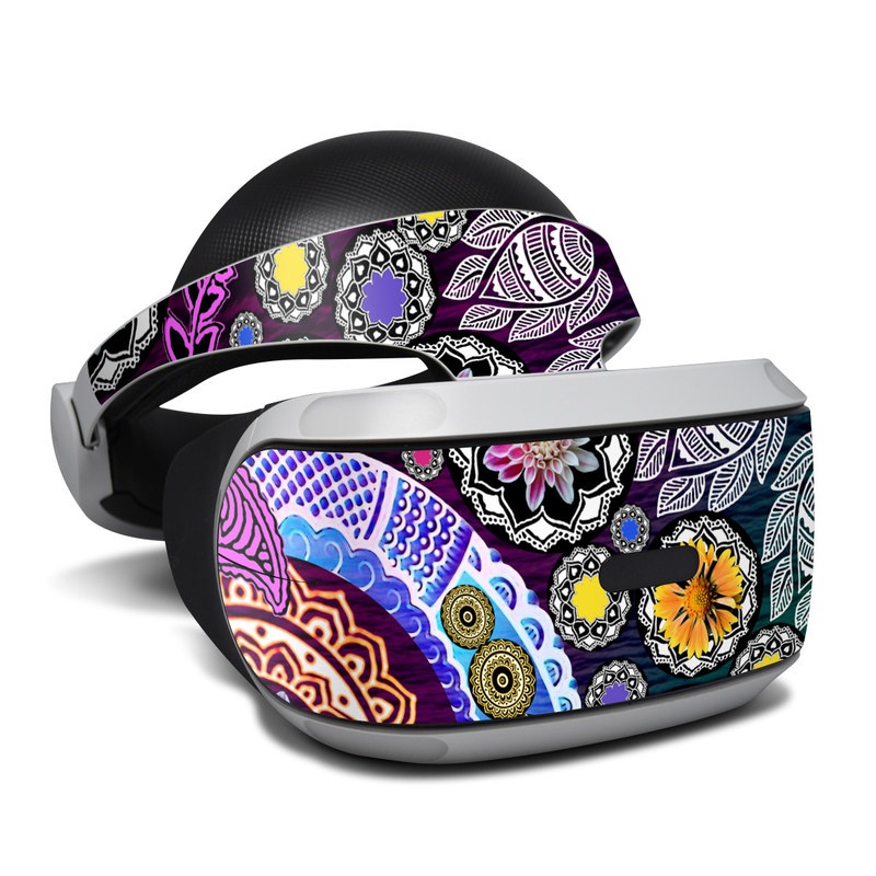 PlayStation VR Skin design of Pattern, Psychedelic art, Art, Visual arts, Design, Floral design, Textile, Motif, Circle, Illustration, with black, gray, purple, blue, green, red colors