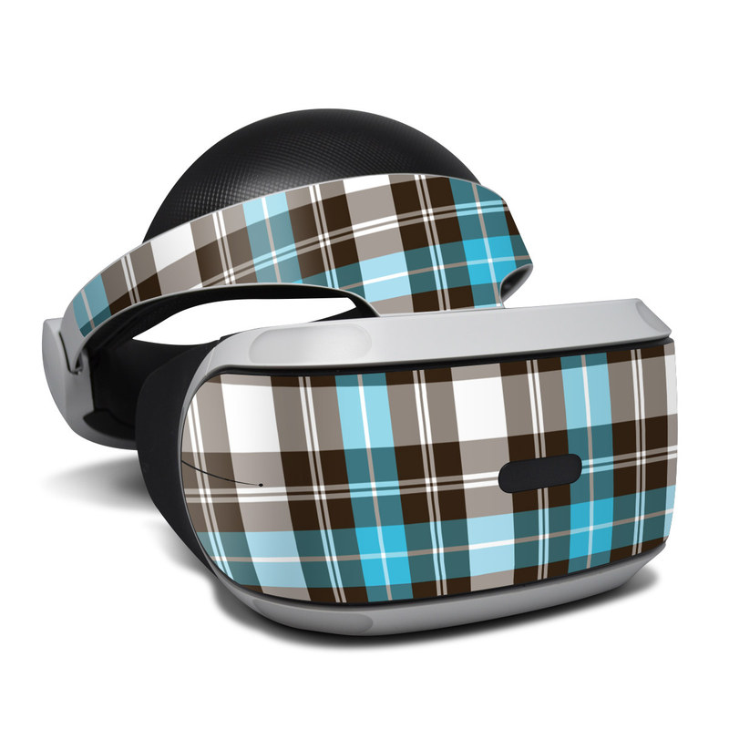 PlayStation VR Skin design of Plaid, Pattern, Tartan, Turquoise, Textile, Design, Brown, Line, Tints and shades, with gray, black, blue, white colors