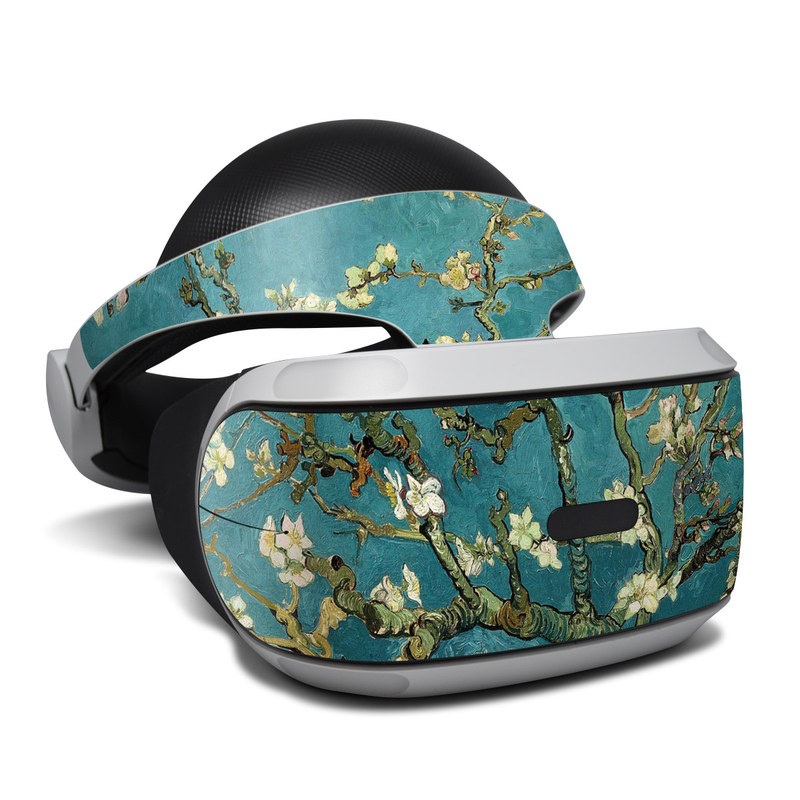 PlayStation VR Skin design of Tree, Branch, Plant, Flower, Blossom, Spring, Woody plant, Perennial plant, with blue, black, gray, green colors