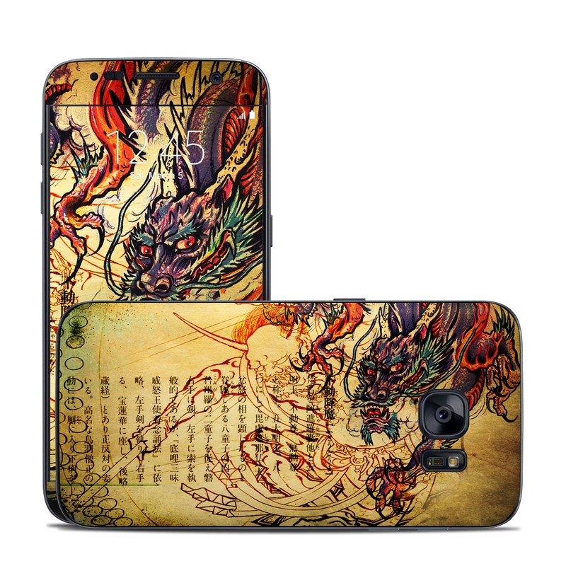Samsung Galaxy S7 Skin design of Illustration, Fictional character, Art, Demon, Drawing, Visual arts, Dragon, Supernatural creature, Mythical creature, Mythology, with black, green, red, gray, pink, orange colors