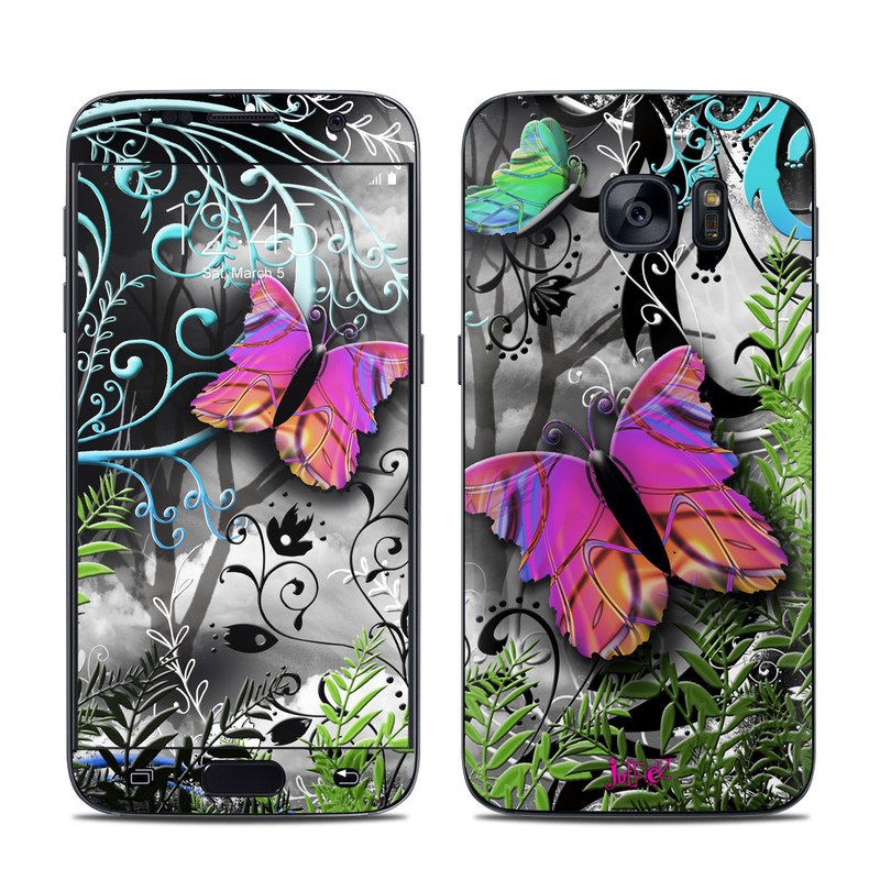 Samsung Galaxy S7 Skin design of Butterfly, Pink, Purple, Violet, Organism, Spring, Moths and butterflies, Botany, Plant, Leaf, with black, gray, green, purple, red colors