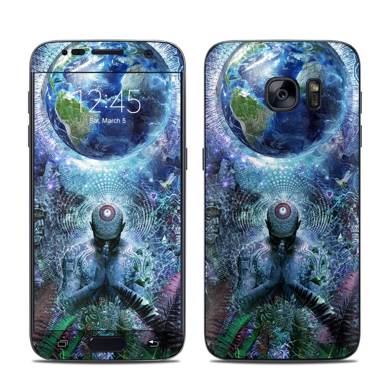 Samsung Galaxy S7 Skin design of Psychedelic art, Fractal art, Art, Space, Organism, Earth, Sphere, Graphic design, Circle, Graphics, with blue, green, gray, purple, pink, black, white colors