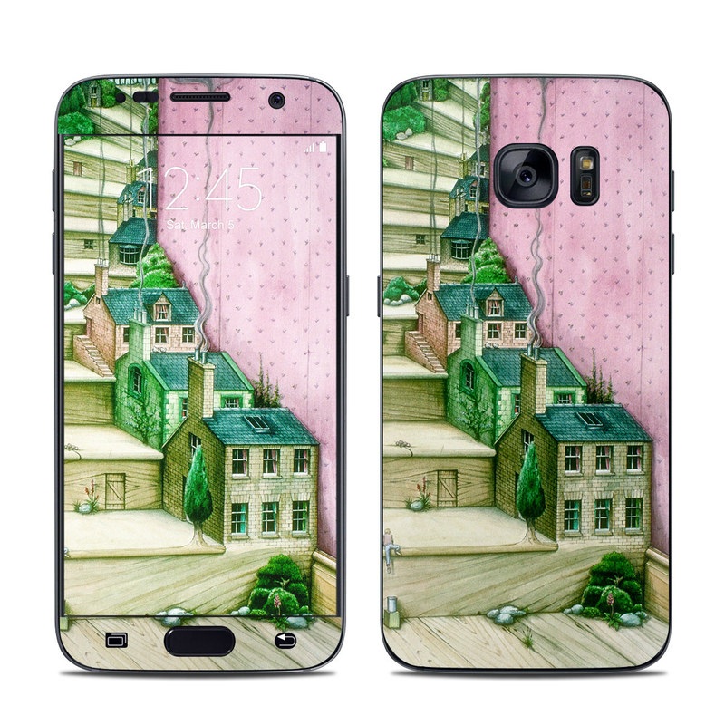 Samsung Galaxy S7 Skin design of Green, Stairs, House, Watercolor paint, Home, Illustration, Building, Wood, Plant, Sketch, with pink, green, brown colors