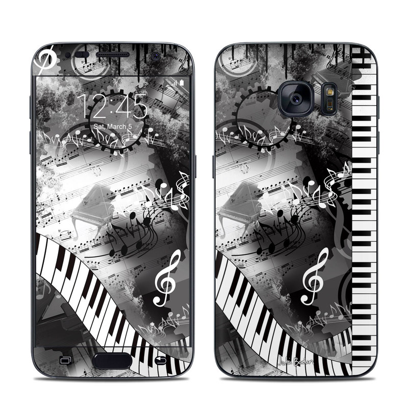 Samsung Galaxy S7 Skin design of Music, Monochrome, Black-and-white, Illustration, Graphic design, Musical instrument, Technology, Musical keyboard, Piano, Electronic instrument, with black, gray, white colors