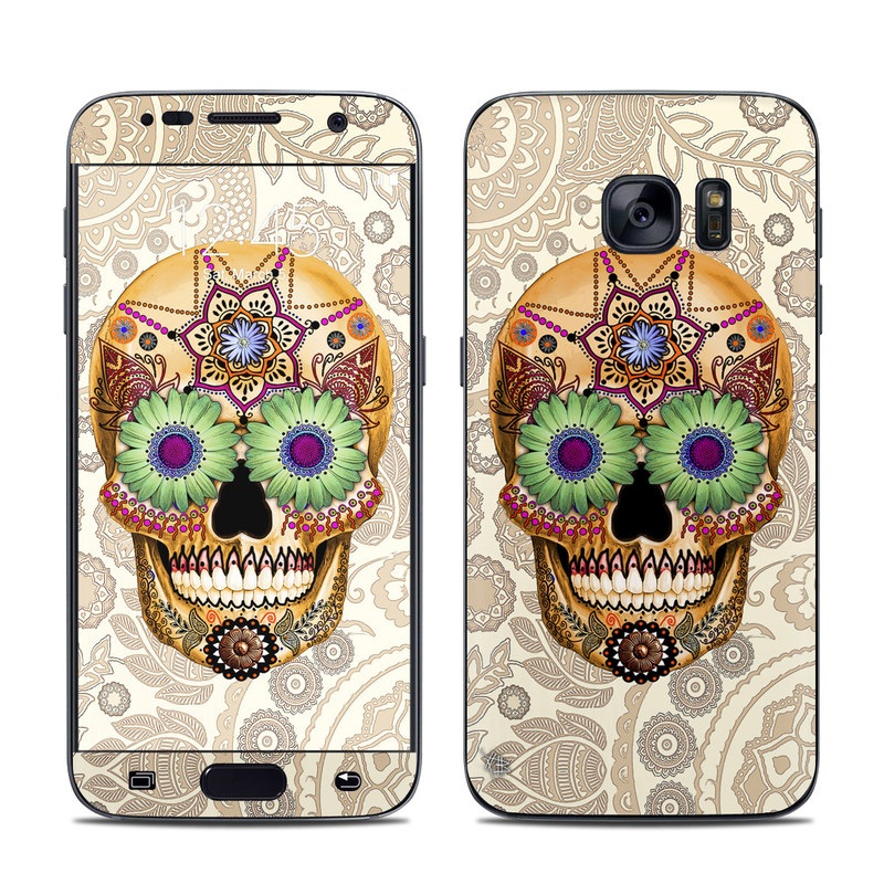 Samsung Galaxy S7 Skin design of Skull, Bone, Pattern, Design, Illustration, Visual arts, Fashion accessory, Art, with gray, yellow, green, black, red, pink colors
