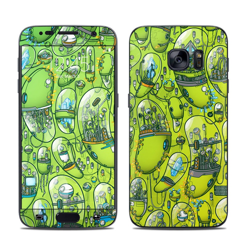 Samsung Galaxy S7 Skin design of Green, Pattern, Yellow, Design, Illustration, Plant, Art, Graphic design, Urban design, with green, blue, gray, yellow, orange colors