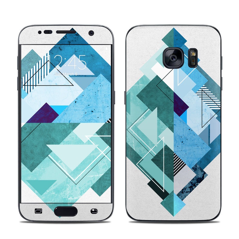 Samsung Galaxy S7 Skin design of Blue, Turquoise, Illustration, Graphic design, Design, Line, Logo, Triangle, Graphics, with gray, blue, purple colors
