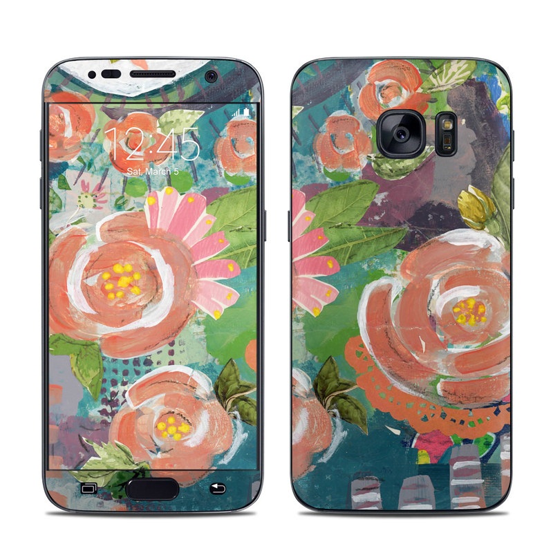 Samsung Galaxy S7 Skin design of Painting, Watercolor paint, Still life, Child art, Art, Illustration, Acrylic paint, Flower, Visual arts, Textile, with green, pink, red, yellow, blue, white, black, gray colors