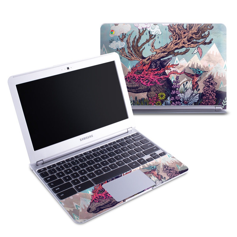 Samsung Chromebook 1 Skin design of Illustration, Tree, Watercolor paint, Painting, Art, Plant, Acrylic paint, Fictional character, Flower, Blossom, with gray, black, red, purple, blue colors