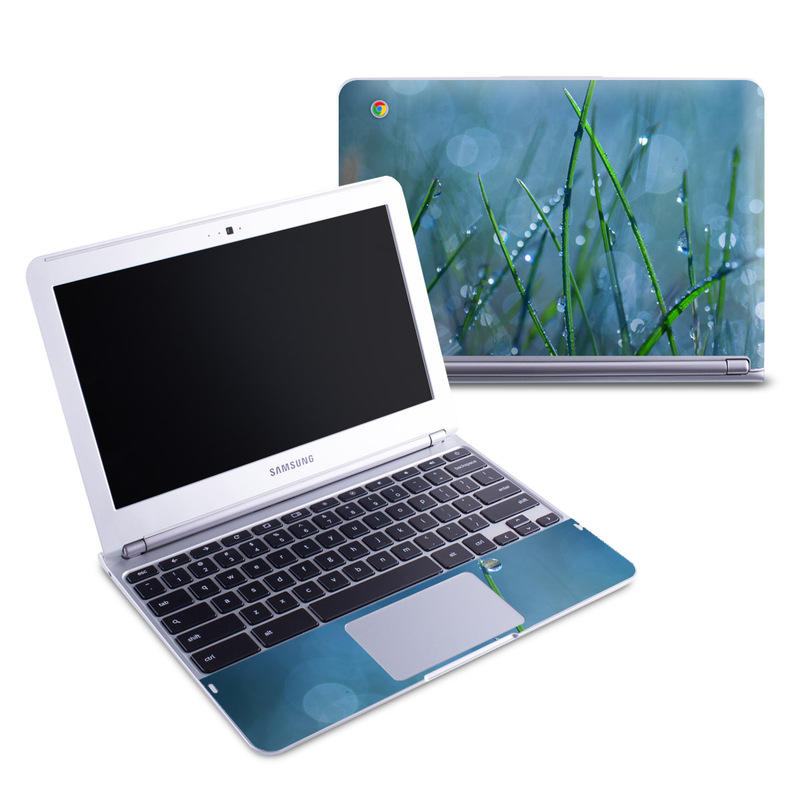 Samsung Chromebook 1 Skin design of Moisture, Dew, Water, Green, Grass, Plant, Drop, Grass family, Macro photography, Close-up, with blue, black, green, gray colors