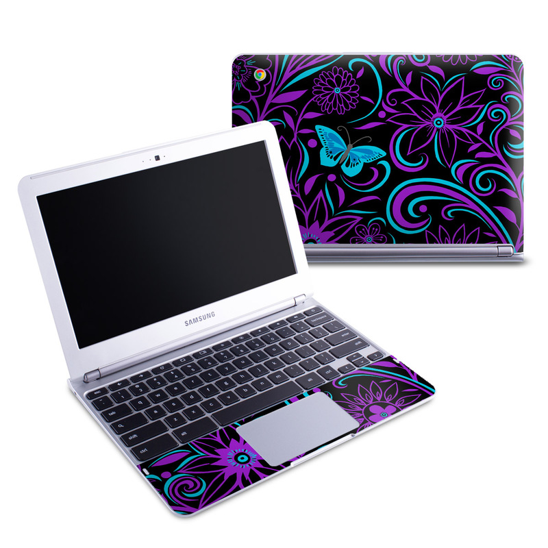 Samsung Chromebook 1 Skin design of Pattern, Purple, Violet, Turquoise, Teal, Design, Floral design, Visual arts, Magenta, Motif, with black, purple, blue colors