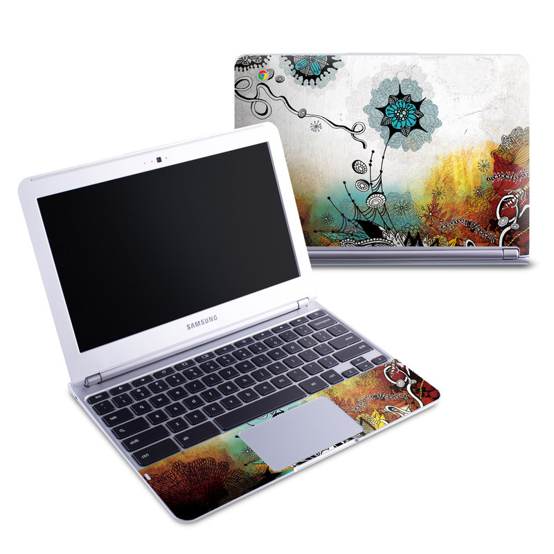 Samsung Chromebook 1 Skin design of Graphic design, Illustration, Art, Design, Visual arts, Floral design, Font, Graphics, Modern art, Painting, with black, gray, red, green, blue colors