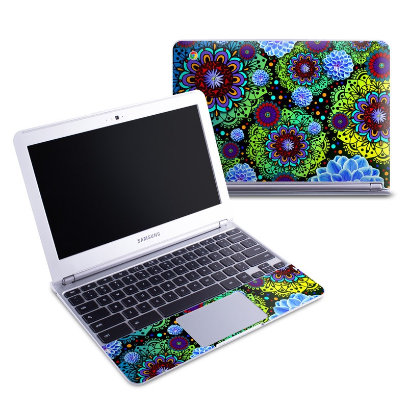 Samsung Chromebook 1 Skin design of Pattern, Psychedelic art, Design, Flower, Art, Visual arts, Floral design, Plant, Textile, Symmetry, with black, blue, green, purple colors