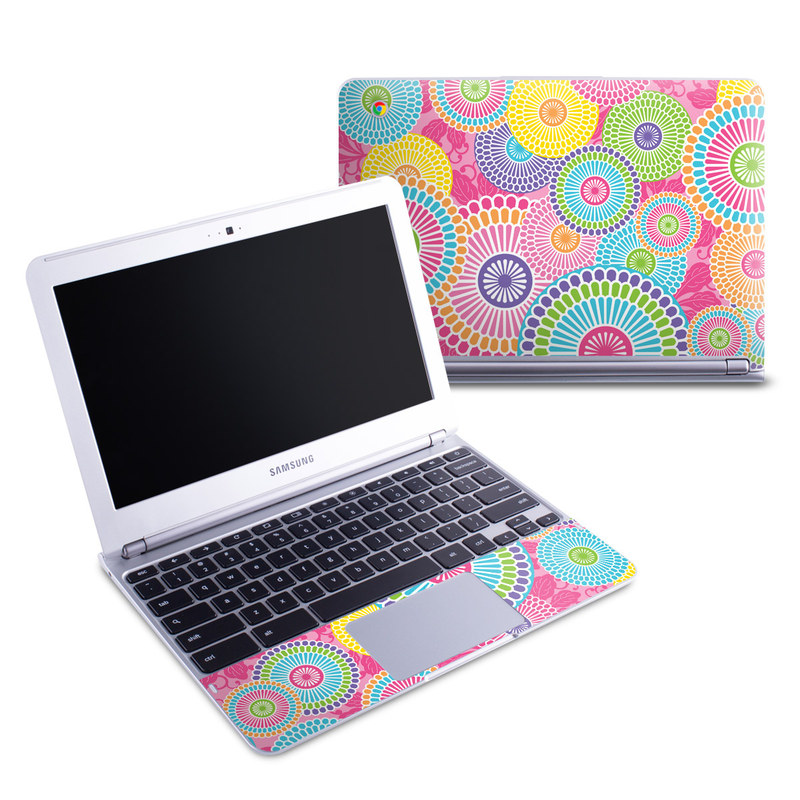 Samsung Chromebook 1 Skin design of Pattern, Circle, Textile, Design, Visual arts, Wrapping paper, with gray, pink, purple, orange, blue, green colors