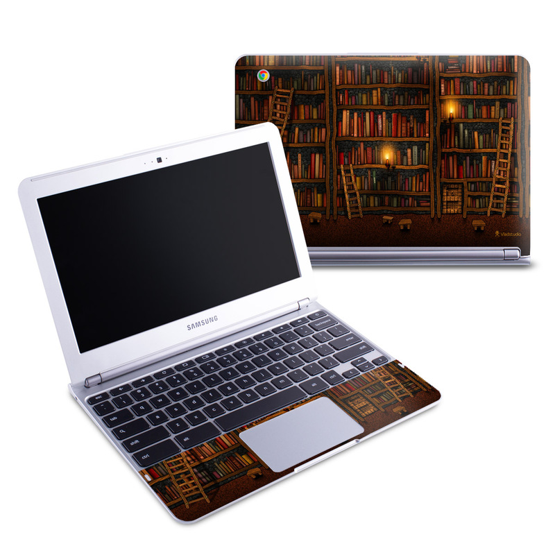 Samsung Chromebook 1 Skin design of Shelving, Library, Bookcase, Shelf, Furniture, Book, Building, Publication, Room, Darkness, with black, red colors