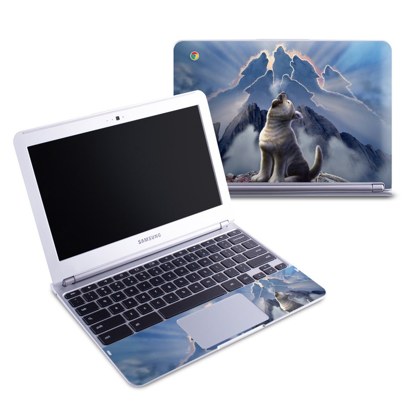 Samsung Chromebook 1 Skin design of Sky, Cloud, Atmosphere, Rock, Wolf, Photography, Cg artwork, Illustration, Mountain, Mythology with white, blue, gray, brown colors