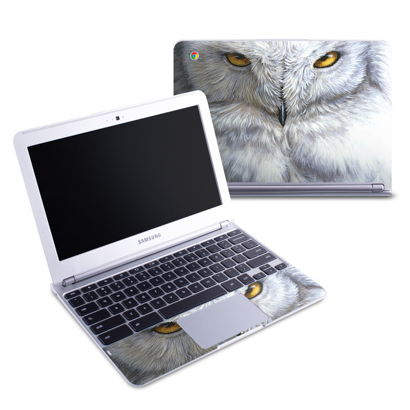 Samsung Chromebook 1 Skin design of Owl, Bird, Bird of prey, Snowy owl, great grey owl, Close-up, Eye, Snout, Wildlife, Eastern Screech owl, with gray, white, black, blue, purple colors