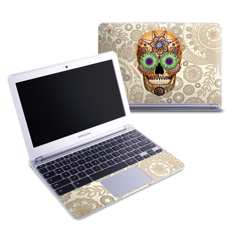 Samsung Chromebook 1 Skin design of Skull, Bone, Pattern, Design, Illustration, Visual arts, Fashion accessory, Art, with gray, yellow, green, black, red, pink colors