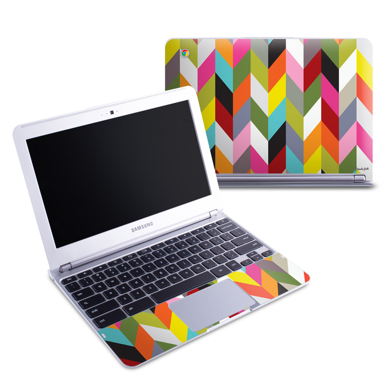 Samsung Chromebook 1 Skin design of Pattern, Orange, Line, Design, Graphic design, Tints and shades, Triangle, with red, green, gray, black, blue, purple colors