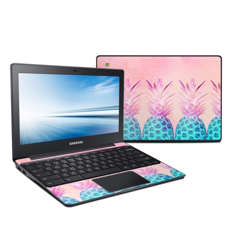Samsung Chromebook 2 Skin design of Pineapple, Ananas, Pink, Fruit, Plant, Bromeliaceae, Pattern, Poales, with pink, blue, orange colors