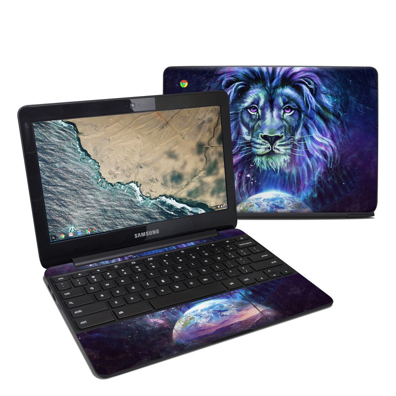 Samsung Chromebook 3 Skin design of Lion, Felidae, Purple, Wildlife, Big cats, Illustration, Darkness, Space, Painting, Art with purple, blue, green, black, white, red colors