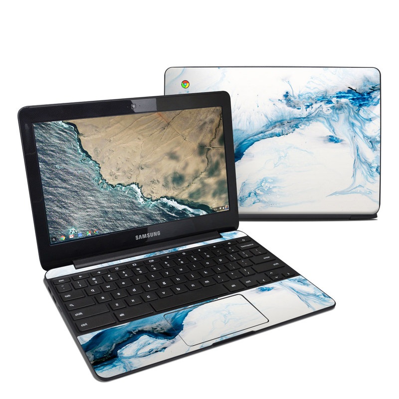 Samsung Chromebook 3 Skin design of Glacial landform, Blue, Water, Glacier, Sky, Arctic, Ice cap, Watercolor paint, Drawing, Art with white, blue, black colors