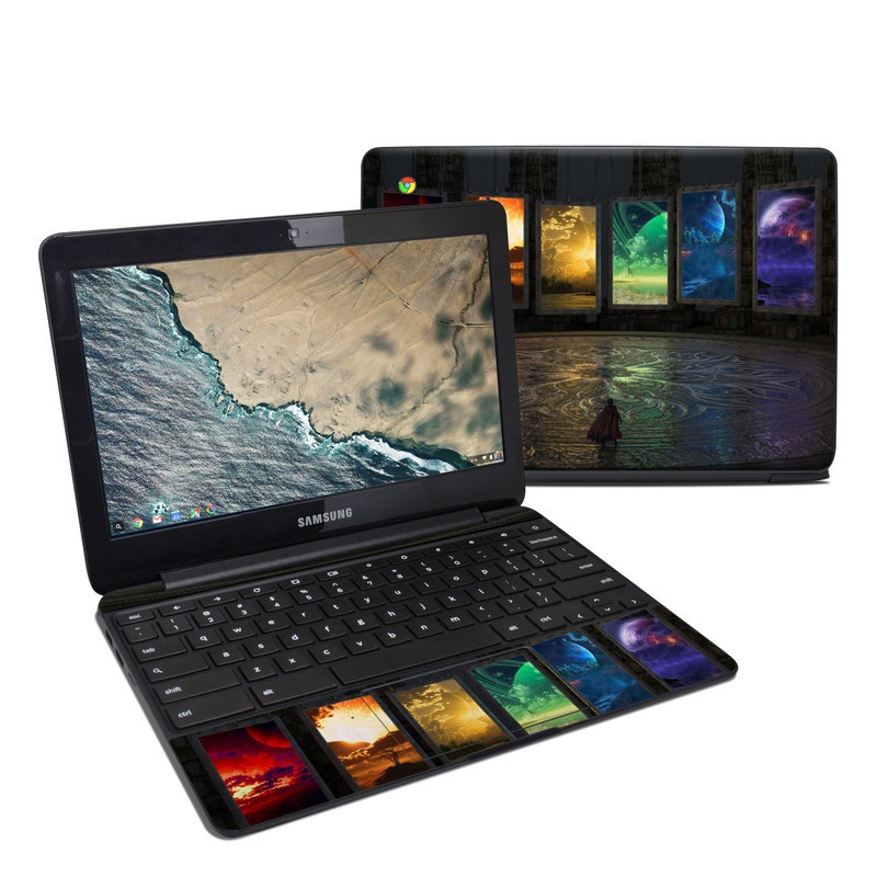 Samsung Chromebook 3 Skin design of Light, Lighting, Water, Sky, Technology, Night, Art, Geological phenomenon, Electronic device, Glass, with black, red, green, blue colors