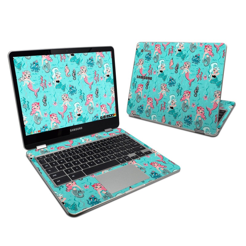 Samsung Chromebook Plus 2017 Skin design of Turquoise, Wrapping paper, Cartoon, Pattern, Textile, Aqua, Design, Gift wrapping, Illustration, Fictional character with blue, pink, yellow, gray colors