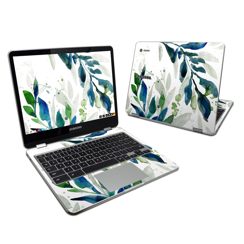 Samsung Chromebook Plus 2017 Skin design of Leaf, Branch, Plant, Tree, Botany, Flower, Design, Eucalyptus, Pattern, Watercolor paint with white, blue, green, gray colors