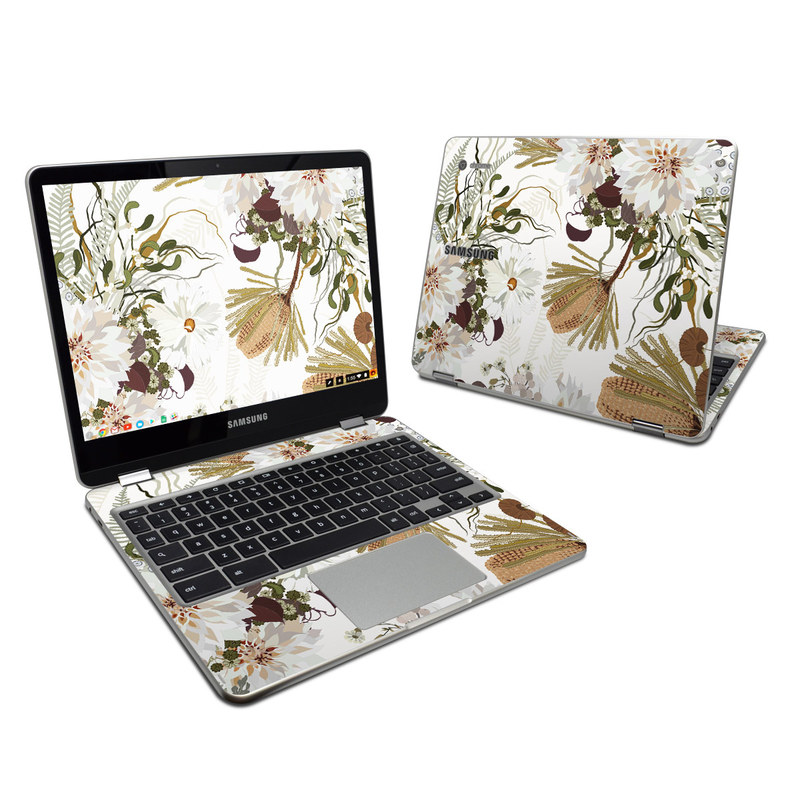 Samsung Chromebook Plus 2017 Skin design of Flower, Botany, Plant, Floral design, Wildflower, Pattern, Wallpaper, Textile, Petal, Butterfly with white, brown, green, gray colors