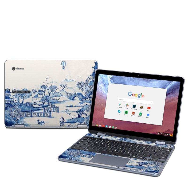 Samsung Chromebook Plus 2018 Skin design of Blue, Blue and white porcelain, Winter, Christmas eve, Illustration, Snow, World, Art with blue, white colors
