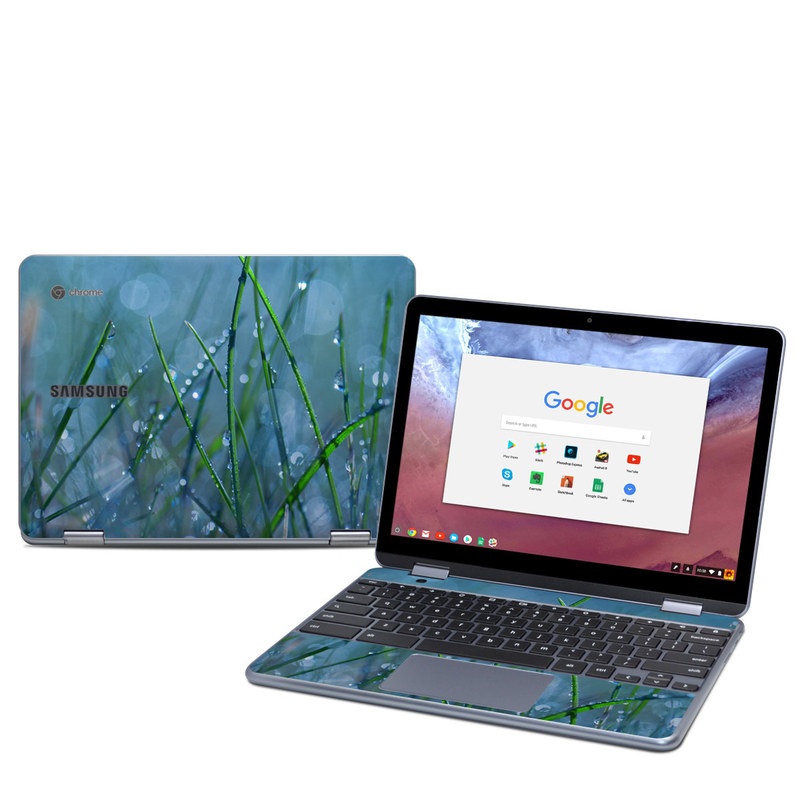 Samsung Chromebook Plus 2018 Skin design of Moisture, Dew, Water, Green, Grass, Plant, Drop, Grass family, Macro photography, Close-up with blue, black, green, gray colors