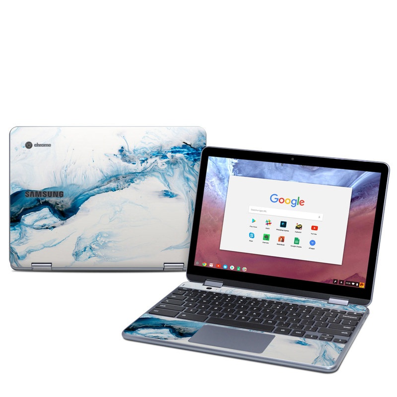 Samsung Chromebook Plus 2018 Skin design of Glacial landform, Blue, Water, Glacier, Sky, Arctic, Ice cap, Watercolor paint, Drawing, Art with white, blue, black colors