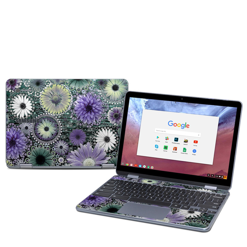 Samsung Chromebook Plus 2018 Skin design of Purple, Flower, african daisy, Pericallis, Plant, Violet, Lavender, Botany, Petal, Pattern with gray, black, blue, purple, white colors