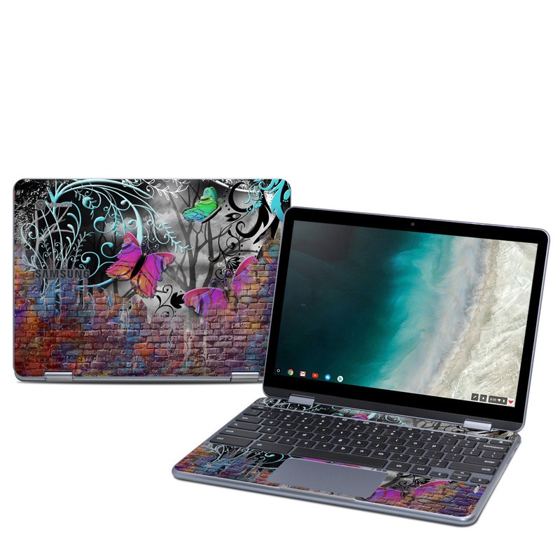 Samsung Chromebook Plus 2019 Skin design of Purple, Graphic design, Art, Pattern, Graffiti, Organism, Street art, Wall, Font, Illustration, with red, black, gray, purple, orange, blue, green colors