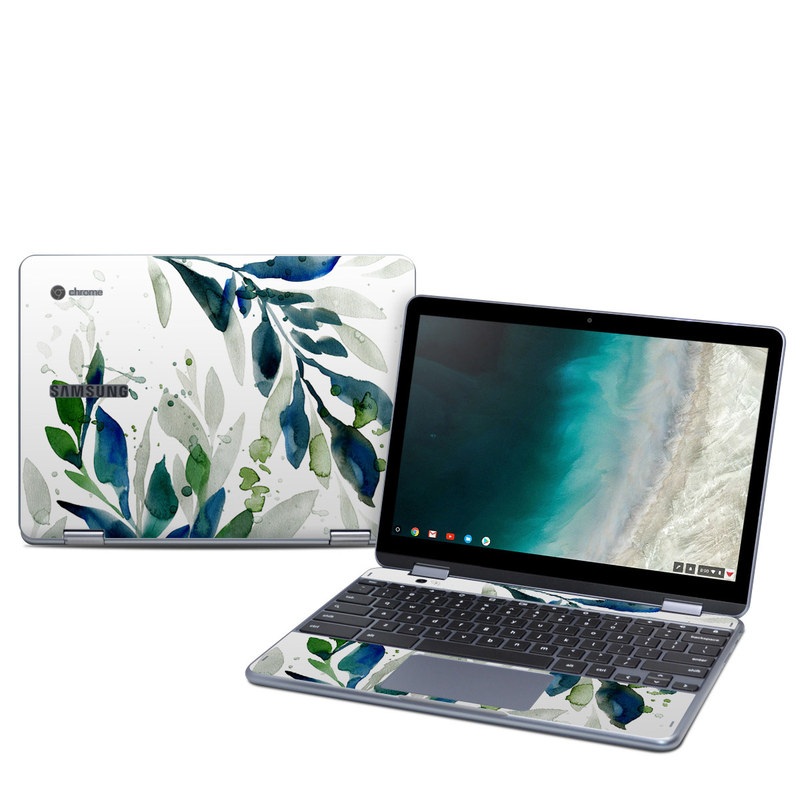 Samsung Chromebook Plus 2019 Skin design of Leaf, Branch, Plant, Tree, Botany, Flower, Design, Eucalyptus, Pattern, Watercolor paint with white, blue, green, gray colors