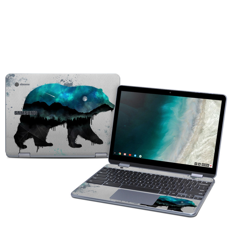 Samsung Chromebook Plus 2019 Skin design of Bear, Illustration, Grizzly bear, Art, Watercolor paint, Snout, Carnivore, Graphic design, Space, Polar bear with gray, black, white, green, blue colors