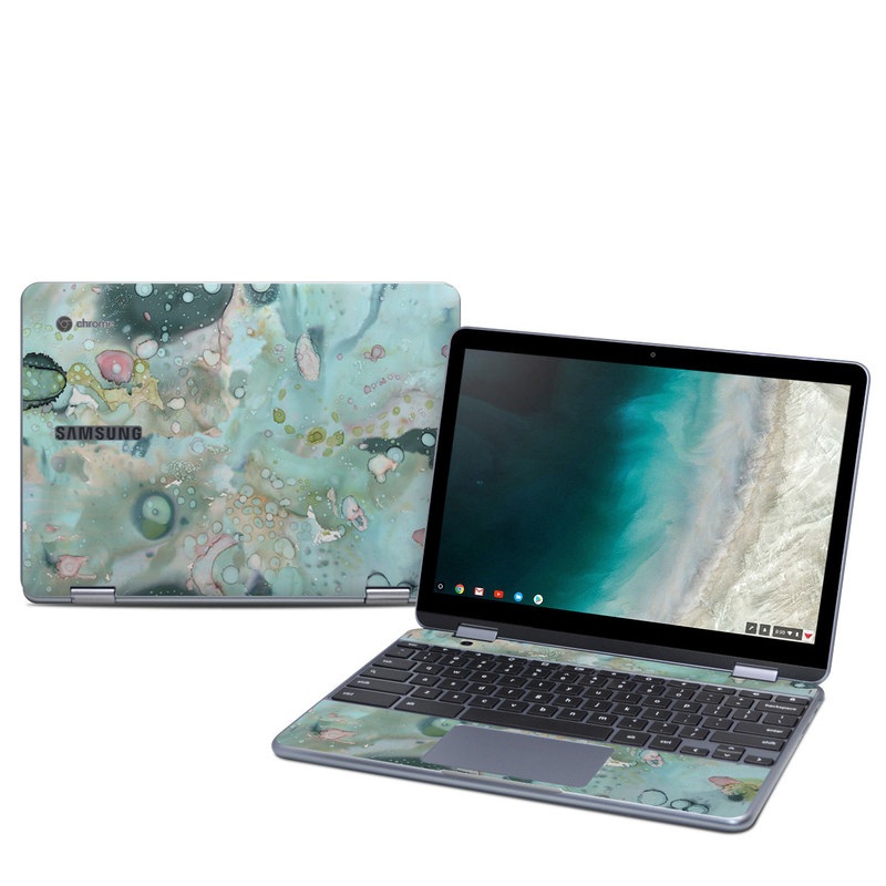 Samsung Chromebook Plus 2019 Skin design of Aqua, Blue, Green, Watercolor paint, Pattern, Turquoise, Organism, Design, Art, Painting, with blue, green, pink colors