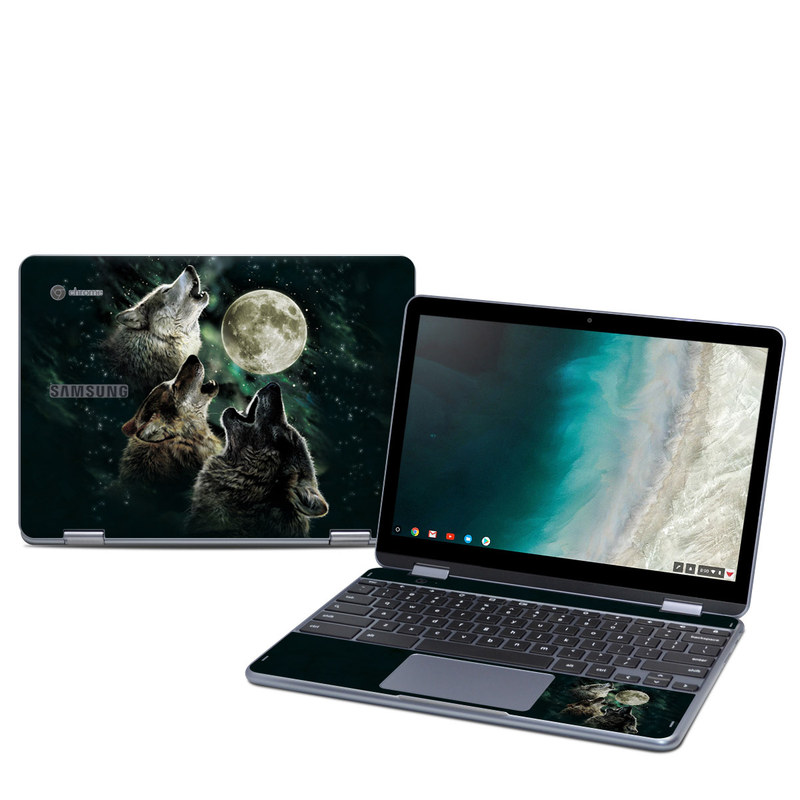 Samsung Chromebook Plus 2019 Skin design of Wolf, Light, Astronomical object, Moon, Wildlife, Organism, Moonlight, Sky, Atmosphere, Celestial event, with black, gray, green colors